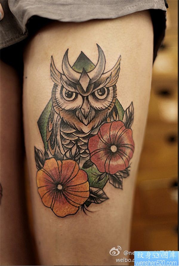 点击大图看下一张：女性腿部彩色猫头鹰纹身图案