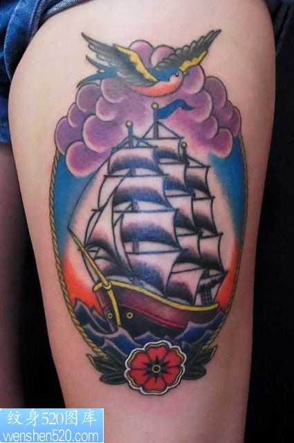 点击大图看下一张：大腿彩色帆船燕子纹身图案