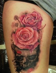 一款腿部骷髅玫瑰纹身图案