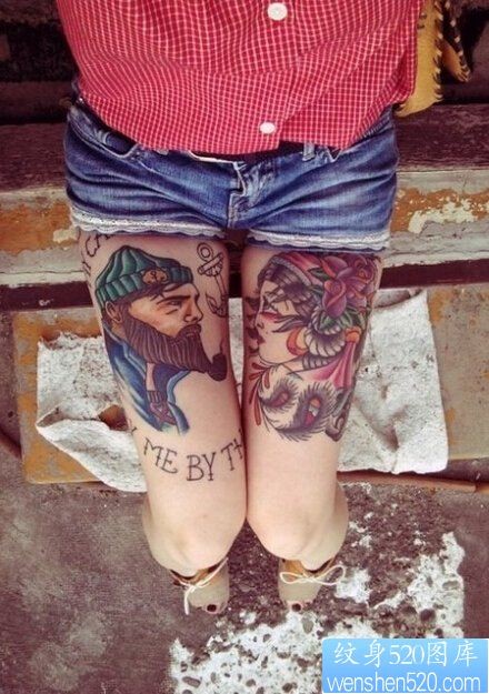 点击大图看下一张：女性腿部人物纹身图案