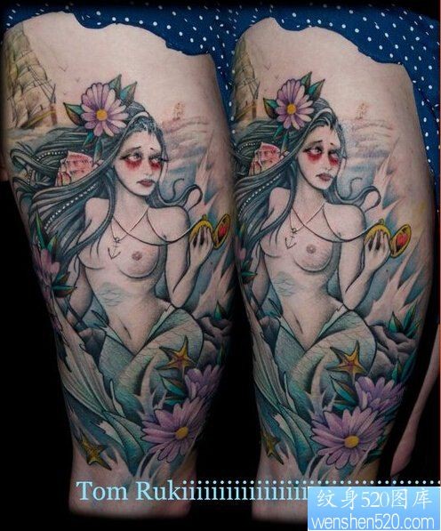 点击大图看下一张：腿部彩色人物女郎纹身图案