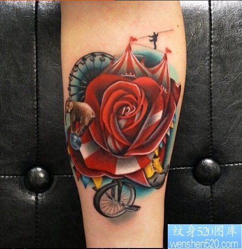点击大图看下一张：一款彩色欧美玫瑰花纹身图案