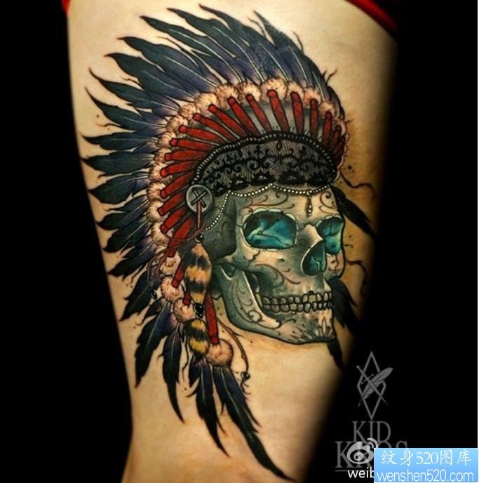 点击大图看下一张：腿部印第安骷髅纹身图案