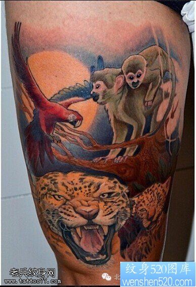 点击大图看下一张：腿部豹子老鹰猴子纹身图案