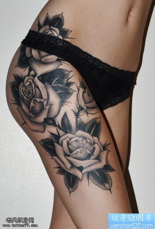 点击大图看下一张：腿部玫瑰花纹身图案