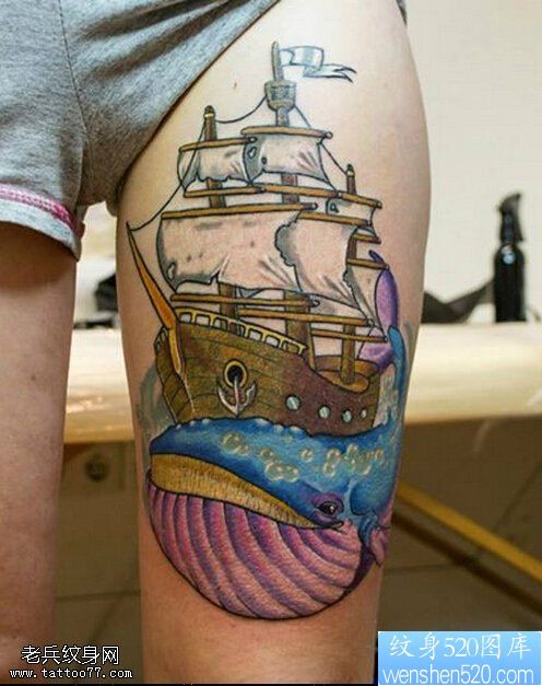 点击大图看下一张：腿部彩色帆船鲨鱼纹身图案