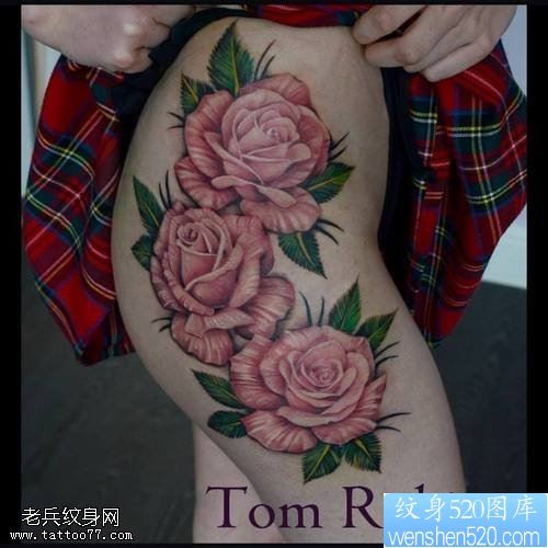 点击大图看下一张：大腿部粉色玫瑰花纹身图案