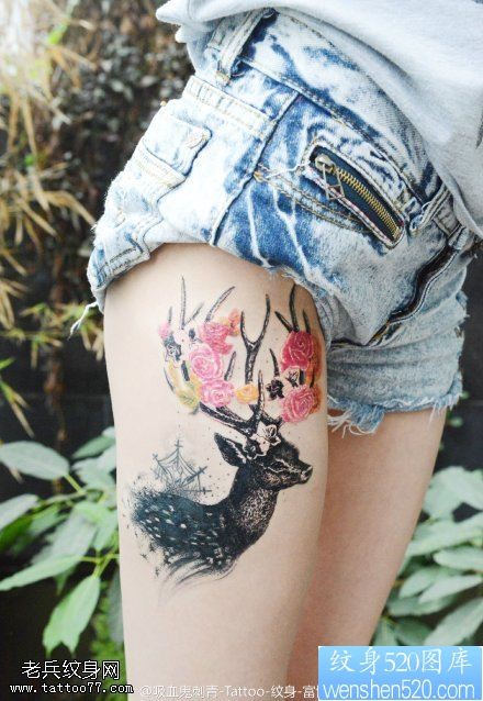 点击大图看下一张：女性腿部小鹿儿纹身图案