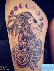 腿部羚羊玫瑰花纹身图案