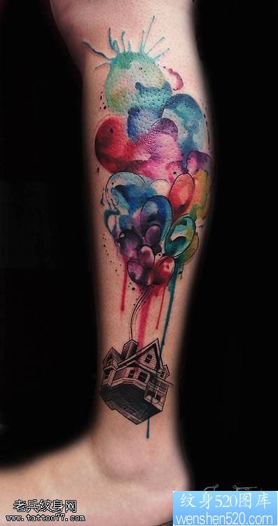 点击大图看下一张：腿部彩色气球房子纹身图案