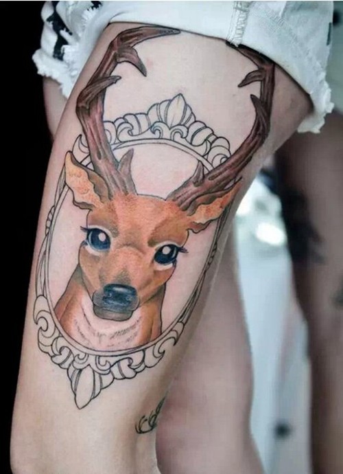 点击大图看下一张：腿部小鹿图案个性纹身图2