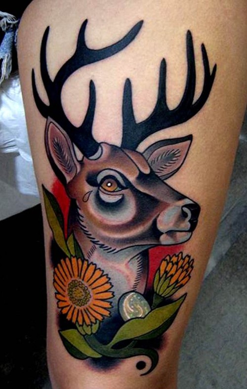 点击大图看下一张：腿部小鹿图案个性纹身图4