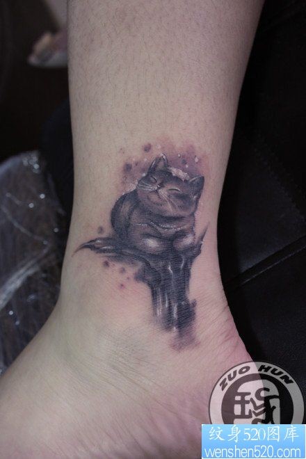 点击大图看下一张：美女脚踝处可爱小巧的猫咪纹身图片