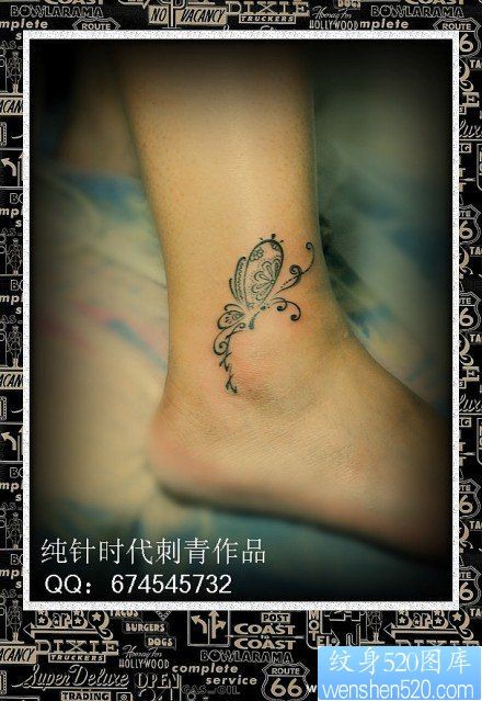 点击大图看下一张：女人脚踝处精美超酷的图腾蝴蝶纹身图片