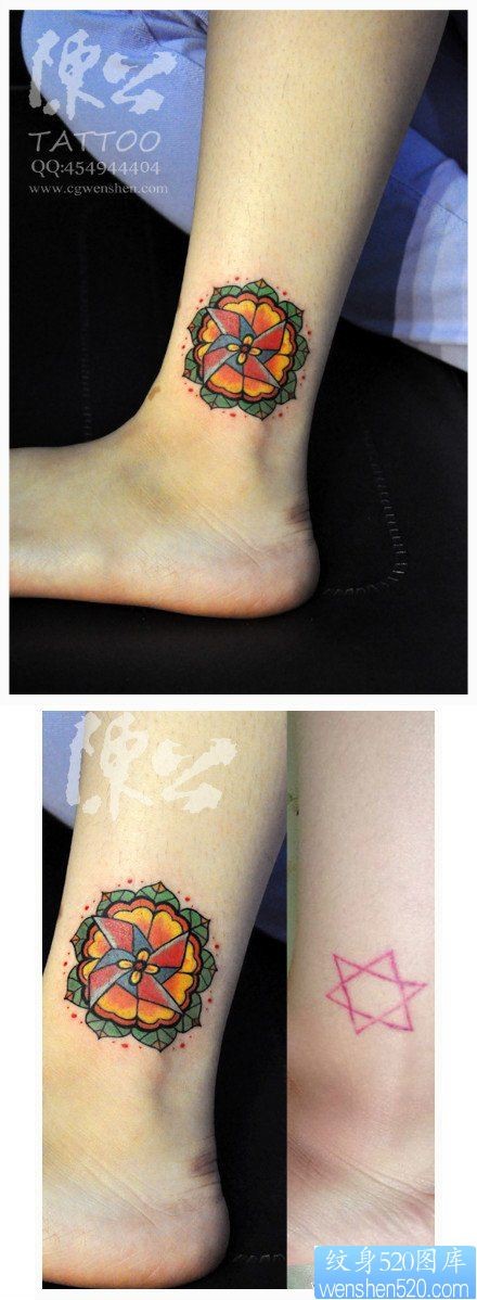 点击大图看下一张：女孩子脚踝处漂亮好看的花卉纹身图片