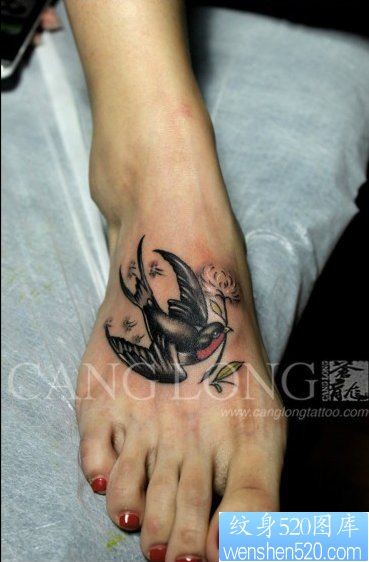 点击大图看下一张：女人脚背潮流精美的燕子纹身图片