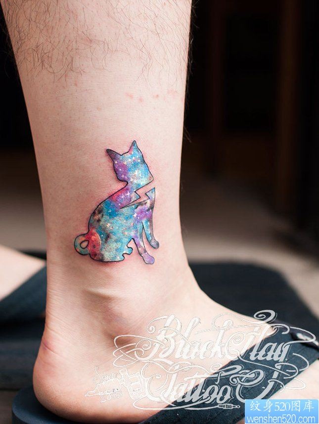 点击大图看下一张：纹身520图库推荐一幅星空猫咪纹身图片