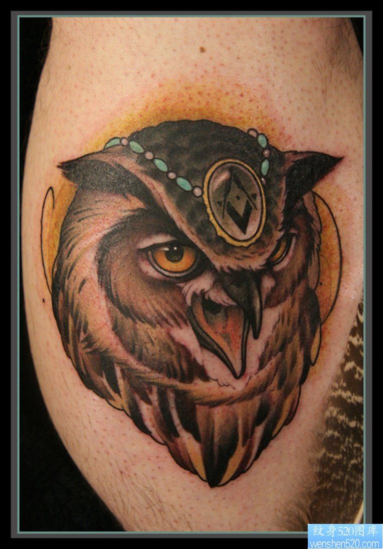 点击大图看下一张：推荐一幅经典的猫头鹰纹身图片