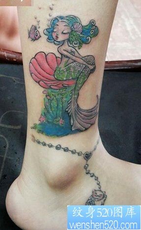 点击大图看下一张：女性脚踝美人鱼脚链纹身图案