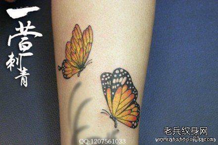 点击大图看下一张：女人小腿小巧唯美的彩色蝴蝶纹身图片
