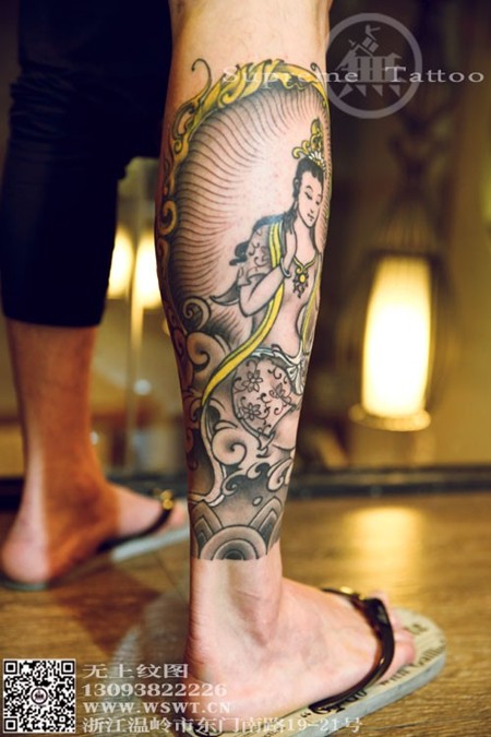 点击大图看下一张：小腿经典菩萨纹身图4