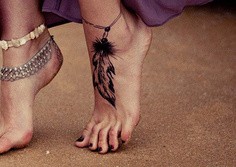 点击大图看下一张：美女脚上个性羽毛脚链纹身图
