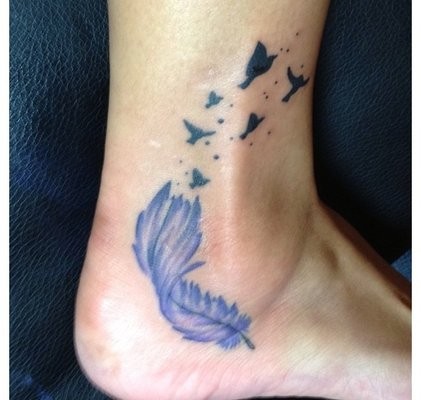 点击大图看下一张：脚踝部漂亮的蓝色羽毛纹身