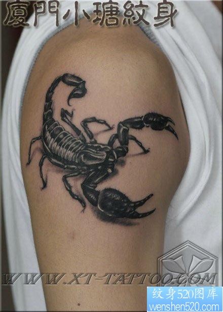 点击大图看下一张：男生手臂经典的黑白写蝎子纹身图片