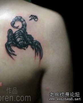 点击大图看下一张：蝎子纹身图片：一张超帅的肩部蝎子纹身图案