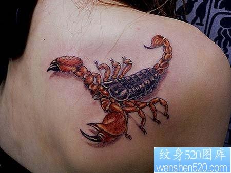 点击大图看下一张：蝎子纹身图片：美女肩部彩色蝎子纹身图案