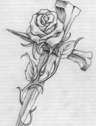一款十字架玫瑰花纹身图案