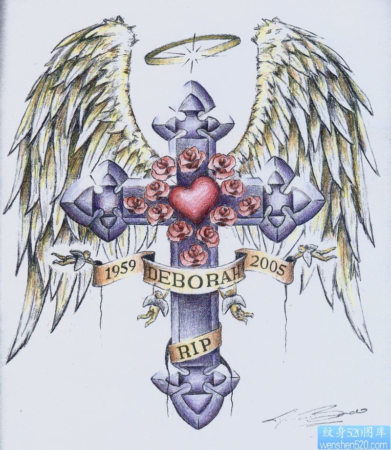 点击大图看下一张：翅膀十字架纹身图案