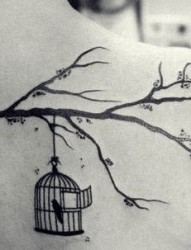 女孩子背部一幅潮流的鸟笼与小鸟纹身图片