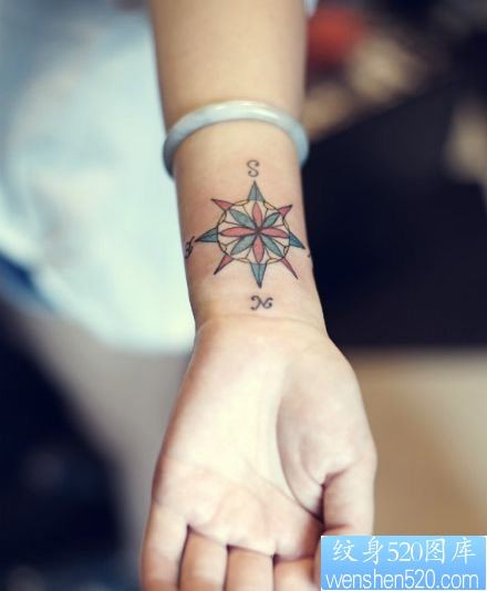 点击大图看下一张：女人手腕处漂亮的指南针纹身图片