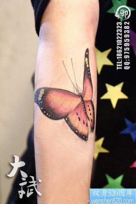 点击大图看下一张：女人手臂唯美潮流的彩色蝴蝶纹身图片