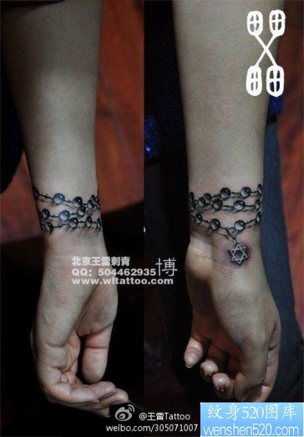 点击大图看下一张：女人手腕精美潮流的手链纹身图片