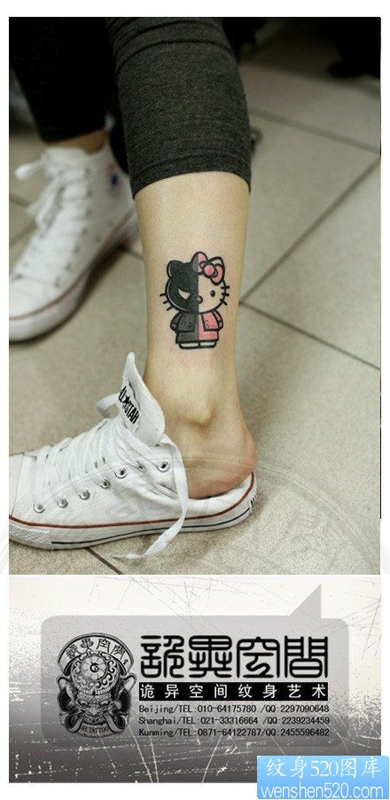 点击大图看下一张：女人腿部可爱潮流的猫咪纹身图片