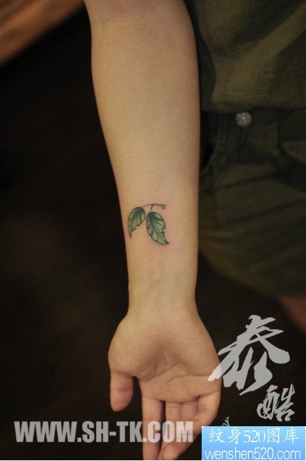 点击大图看下一张：女人手臂小巧时尚的小树叶纹身图片