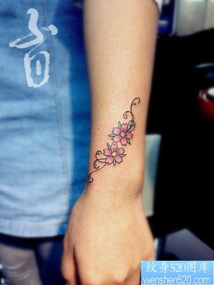 点击大图看下一张：女人手腕小巧的樱花纹身图片