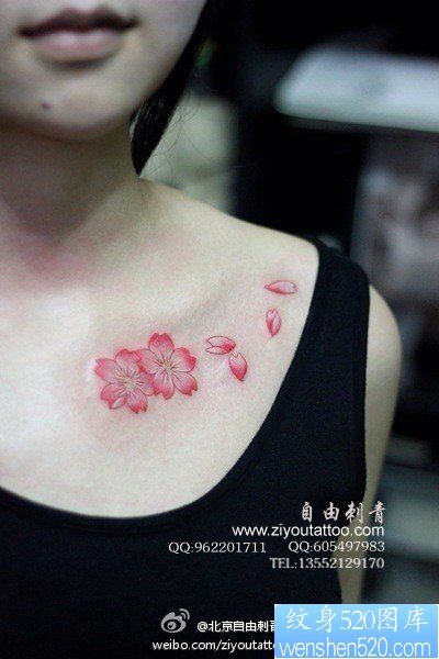 点击大图看下一张：美女锁骨处小巧唯美的花卉纹身图片
