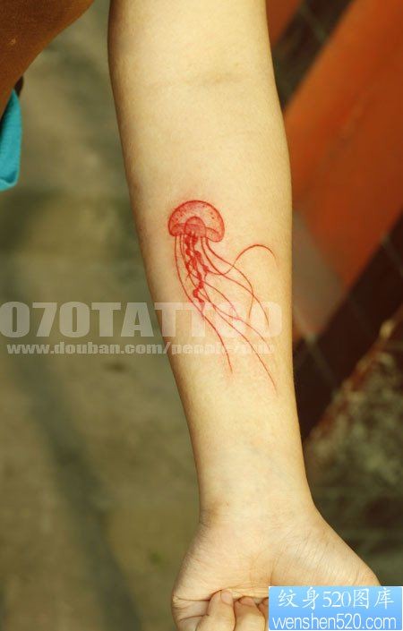 点击大图看下一张：小臂上一幅潮流漂亮的水母纹身图片