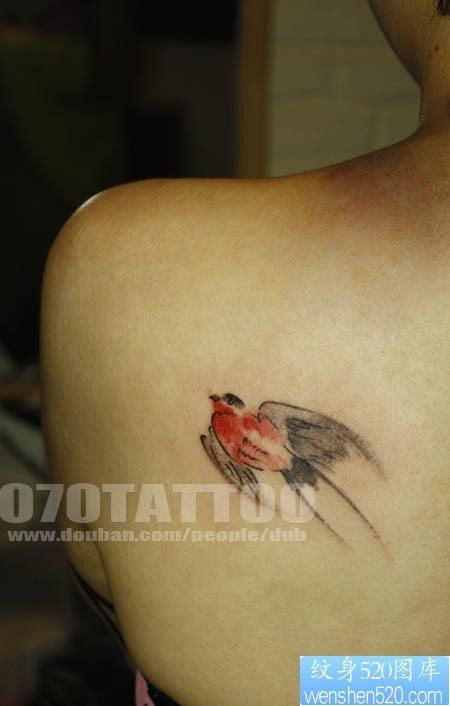 点击大图看下一张：美女后背一幅潮流的水母燕子纹身图片