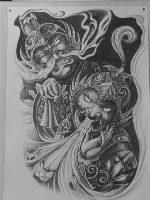 点击大图看下一张：黑白半甲纹身手稿图5