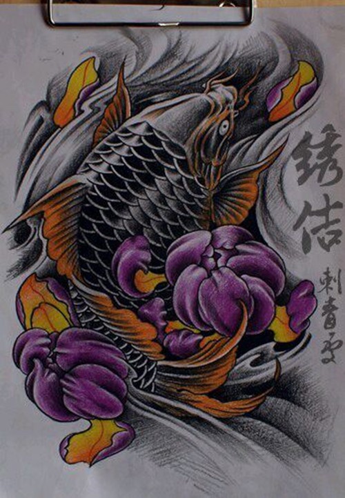 点击大图看下一张：彩色鲤鱼纹身手稿
