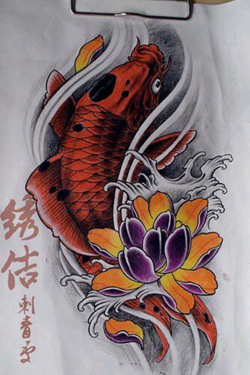 点击大图看下一张：彩色鲤鱼纹身手稿图4