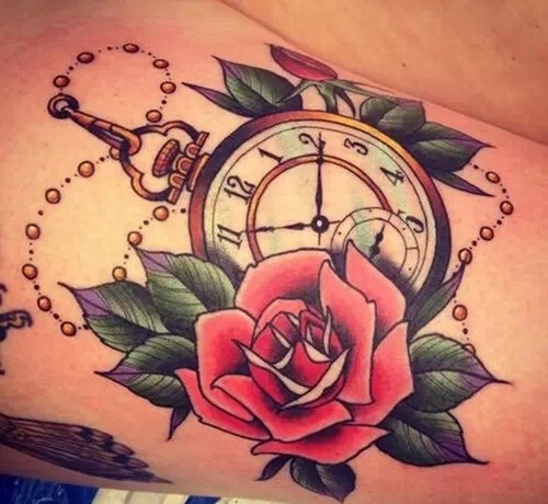 点击大图看下一张：唯美的钟表玫瑰纹身图3