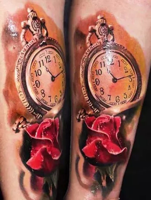 点击大图看下一张：唯美的钟表玫瑰纹身图5