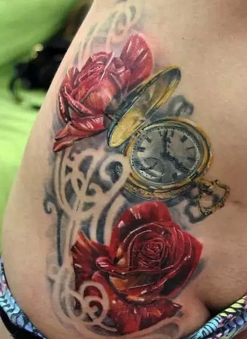 点击大图看下一张：唯美的钟表玫瑰纹身图7