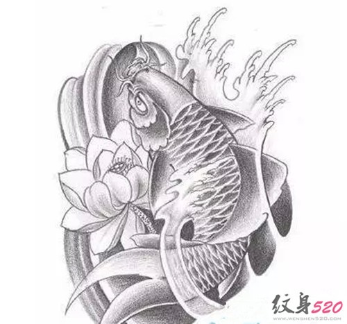 点击大图看下一张：鲤鱼莲花纹身手稿