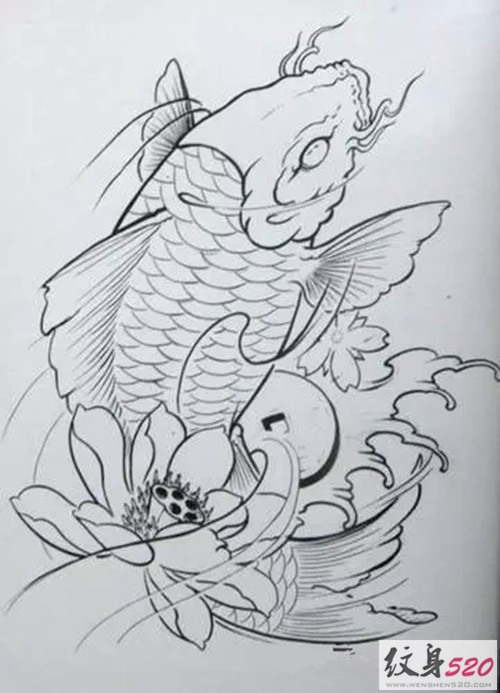 点击大图看下一张：鲤鱼莲花纹身手稿图3